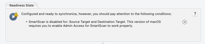 A Readiness warning stating that 'Admin Access' needs to be enabled in order to use SmartScan on this version of macOS.