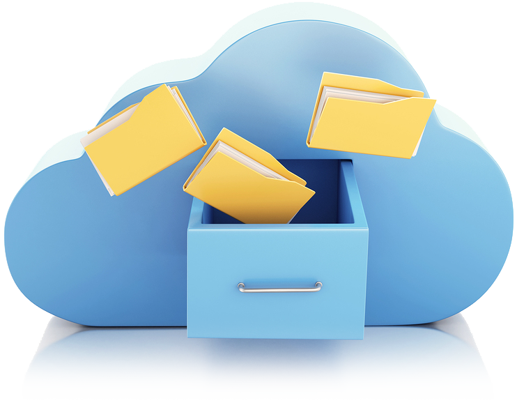 Image of cloud with an open file cabinet drawer in the middle and file folders flowing into/out of the drawer.